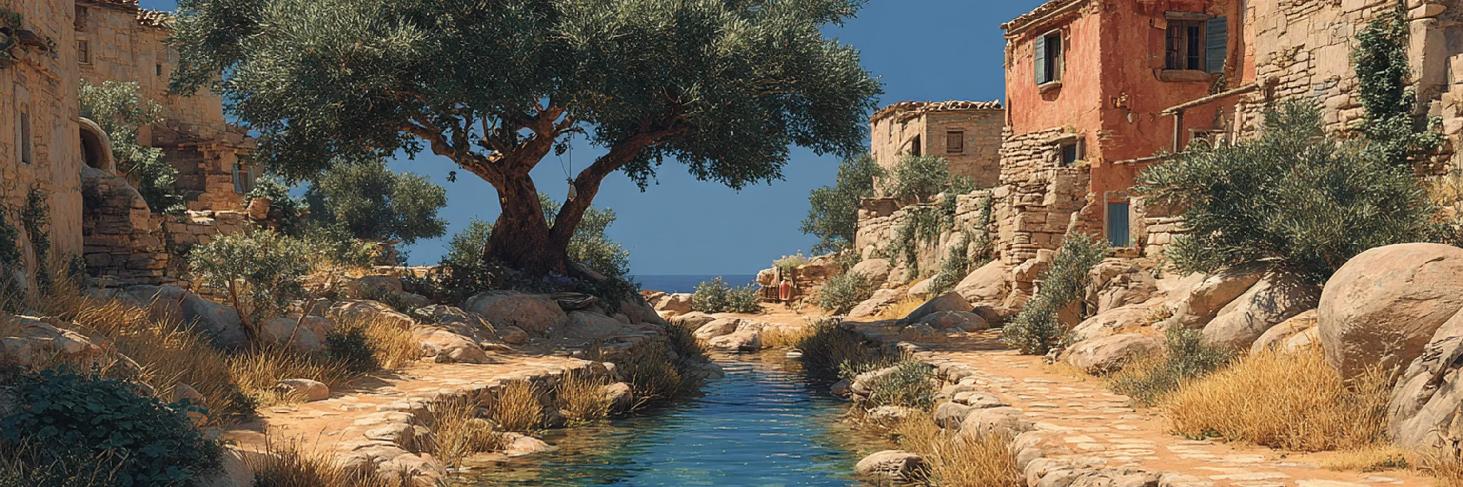 Mediterranean village with stone houses and a large olive tree beside a narrow water canal under a clear blue sky