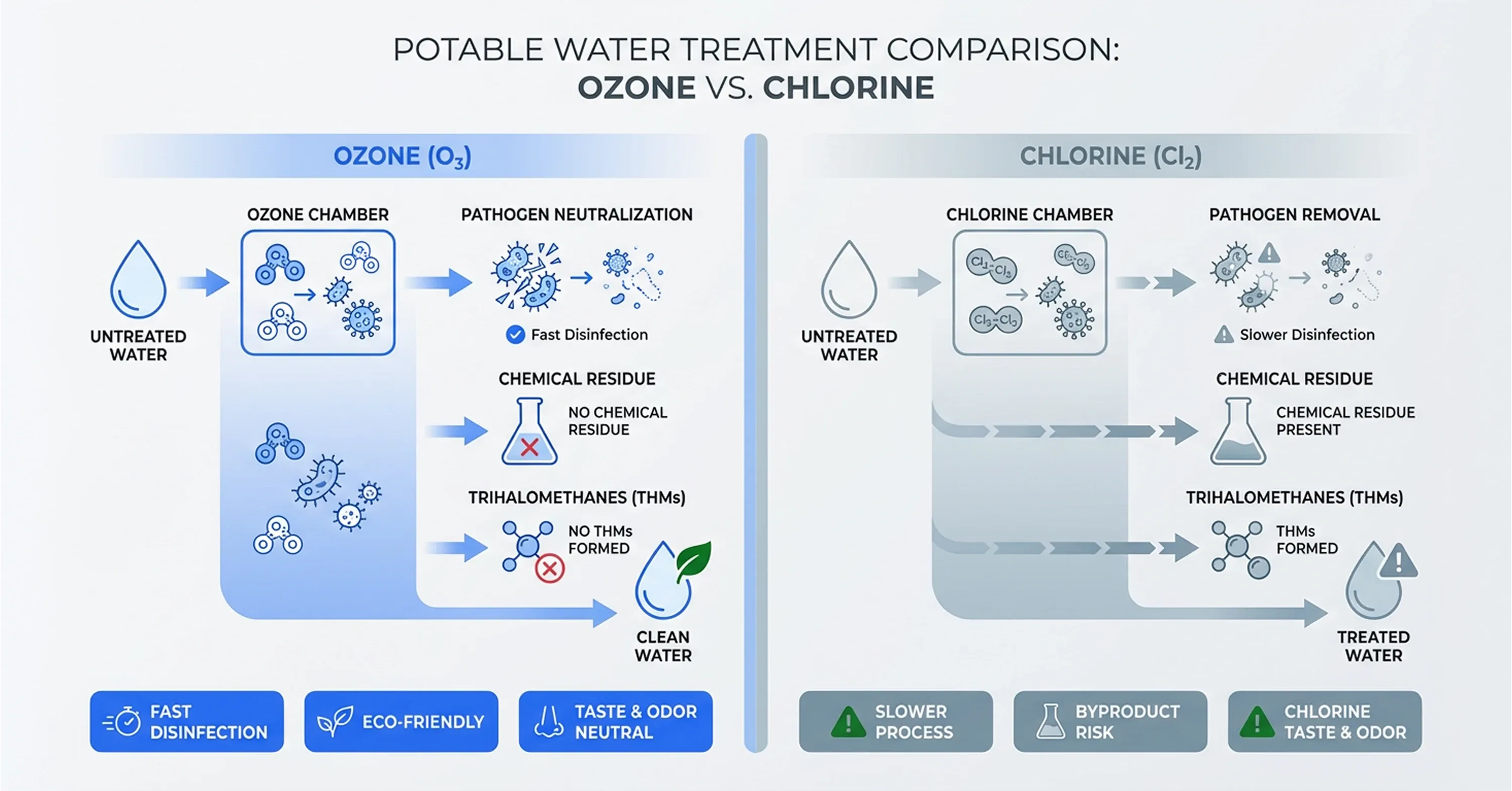 Infographic comparing ozone and chlorine water treatment methods, showing differences in disinfection speed, chemical residue, byproducts, and overall water quality outcomes.