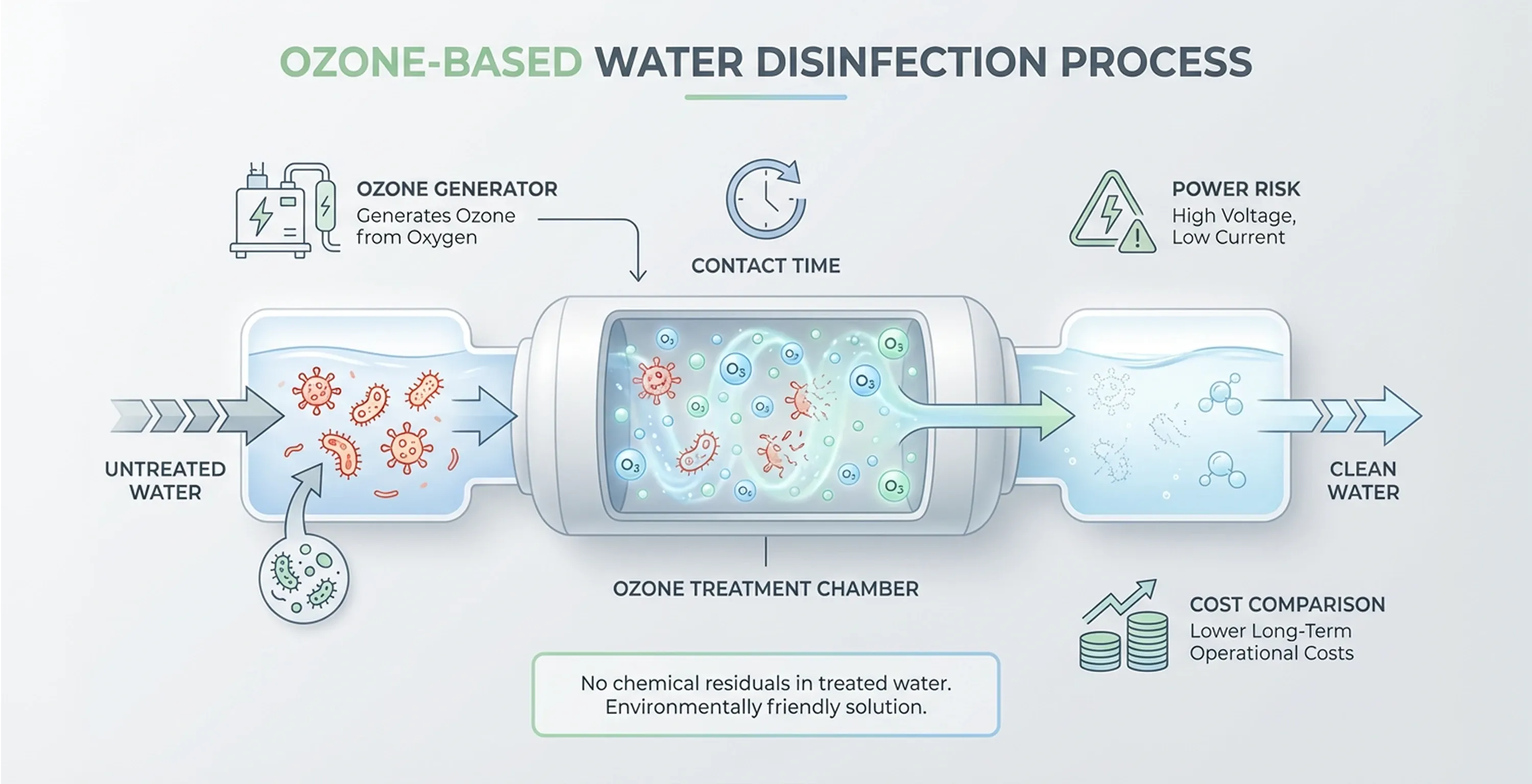 Diagram showing ozone-based water disinfection process, including ozone generator, treatment chamber, pathogen removal, and clean water output.