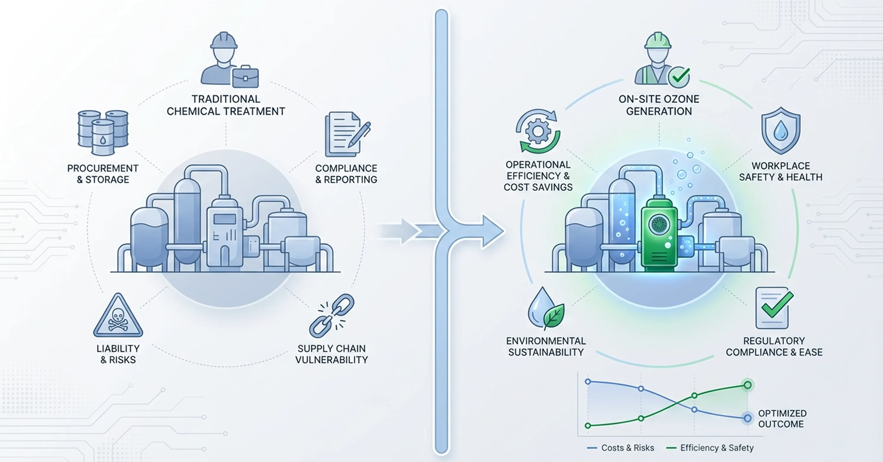 Infographic comparing traditional chemical water treatment with on-site ozone generation showing improved efficiency, safety, and environmental sustainability.